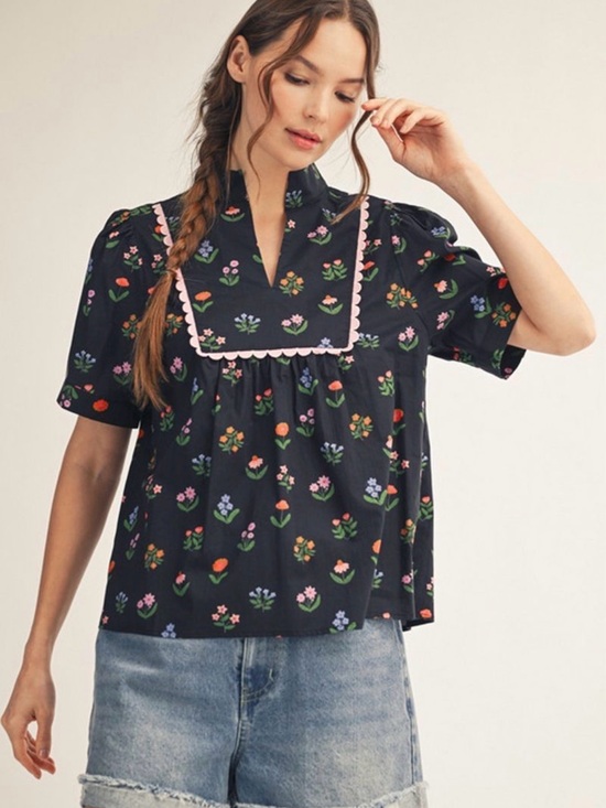 JODIFL Tops - JODIFL • Floral Square-Yoke Poplin Top in Black • NWT